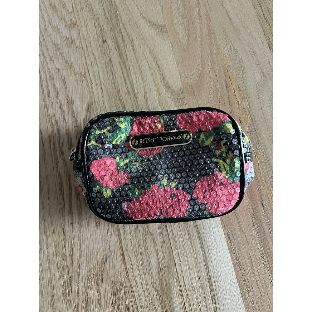 Betsey Johnson Cosmetic Pouch Makeup Bag Sequins Rose Floral Black Cute Vacation
